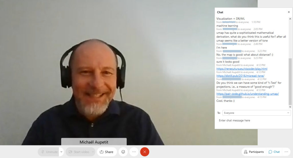 Michaël Aupetit answering questions about dimension reduction techniques in the chat during the workshop.
