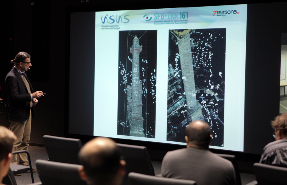 Michael Klein presenting a virtual reconstruction of the Karlskirche in Vienna during his talk at the University of Stuttgart.