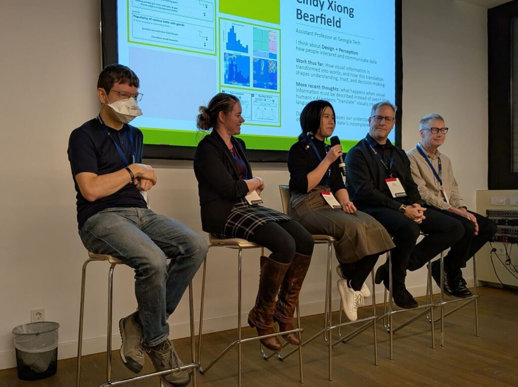Panelists Dominik Moritz, Danielle Albers Szafir, Cindy Xiong Bearfield, Bruce Walker, and Kim Marriott shared their perspectives on inclusive visualization.